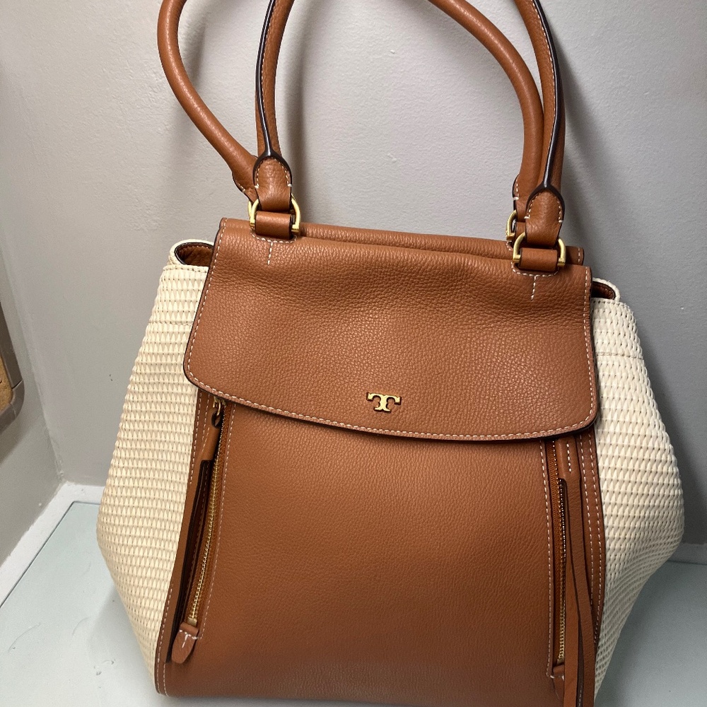 Tory Burch Half-Moon Willa Brown Cream Straw Tote